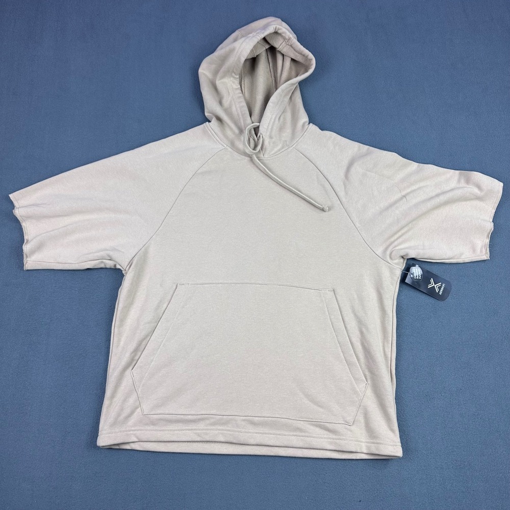 Xersion Lifestyle French Terry Short Sleeve Hoodie Antique Linen Tan Small NWT